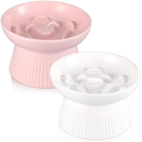 Layhit 2 Pack Raised Slow Feeder Cat Bowls Ceramic Elevated Cat Food Bowls Anti Vomiting Slow Feeder for Dog and Kitten for Dry and Wet Food(Pink, White) by ShungLan