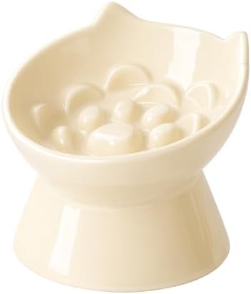 PawsPik Lynx Ceramic Raised Slow Dog & Cat Elevated Food Bowl, Daisy Yellow by PawsPik