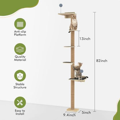 Tall Cat Tree Wall Mounted for Large Cats, 82 inch Scratching Post with Toys, Floor to Ceiling Cats Tower for Corner Area, Kitty Wall Shelf for Sleeping Playing Lounging Perching - Image 2