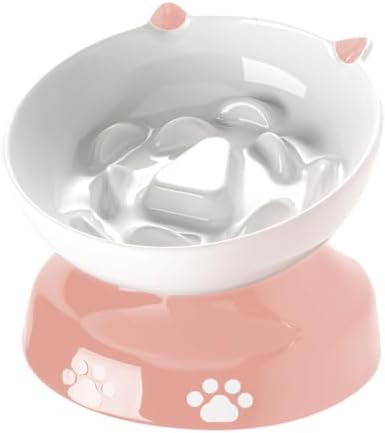 Y YHY Ceramic Slow Feeder Cat Bowl, Elevated Cat Bowl Tilted Design Slow Feeder for Dog and Cat for Dry and Wet Food, Pink by YYHY