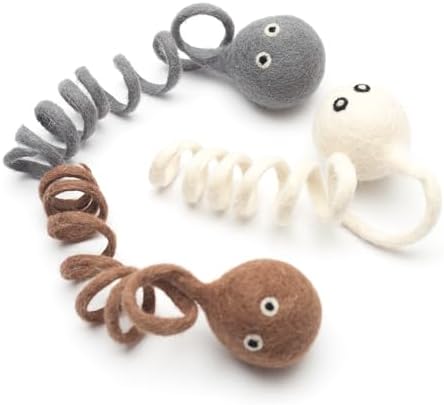 Glaciart One Felt Spring Cat Toy – 3 Pcs Soft Fuzzy Enrichment 100% Natural Wool - Interactive Stretchable Play Set - Safe for Pets, Non-AZO Colored Dyes - 4” Long by GlaciartOne