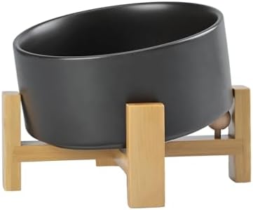 SPUNKYJUNKY 15° Slanted Ceramic Dog and Cat Bowl with Wooden Stand, Tilted Bulldog Food and Water Bowl No Slip Non-Spill for Cats Medium Dogs Big Face Pets 28.7 OZ (3.6 Cups, Black) by SPUNKYJUNKY