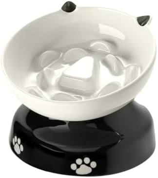 Y YHY Ceramic Cat Slow Feeder, Elevated Dog Food Bowl Tilted Design, Slow Feeder Bowl no Black Chin, Cat Shape for Dry and Wet Food by YYHY