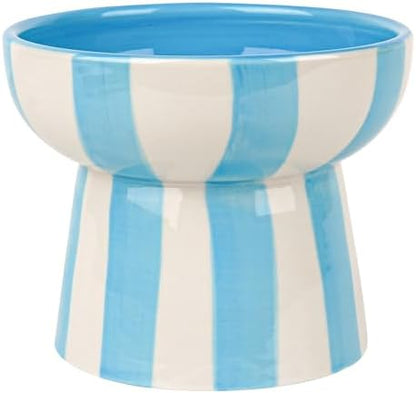 Raised Cat Bowl - Blue Striped Elevated Ceramic Food and Water Dish, Wide Shallow Design for Whisker Fatigue Relief, Dishwasher Safe by BUNCHBRAVO
