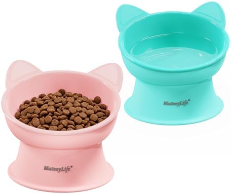 MateeyLife Elevated Cat Bowls, 2P Raised Food and Water Bowl Set for Indoor Cats & Small Dogs, Whisker Fatigue Cat Bowl, Anti Vomit Feeding Pet Bowls, 6 oz Each, Dishwasher Safe - Pink & Green by MateeyLife