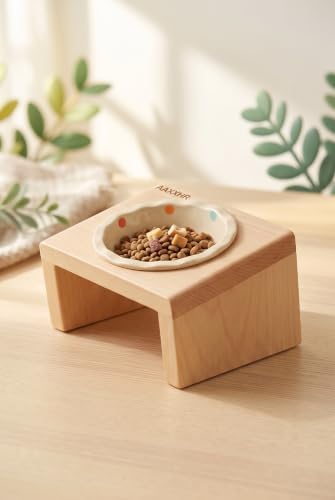 Elevated Cat Bowls with Natural Beech Wood Stand and Ceramic Bowl by Unknown