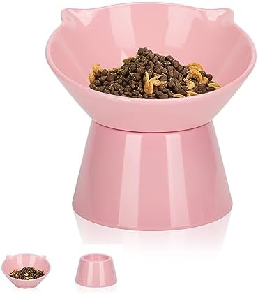 Detachable Elevated Cat Bowls, 15° Tilted Raised Cat Food Bowl Anti-Vomiting,Whisker Friendly, Adjustable Pet Dishes Extra Wide for Protecting Spine, Adult Kitten (Pink by LuckyPots