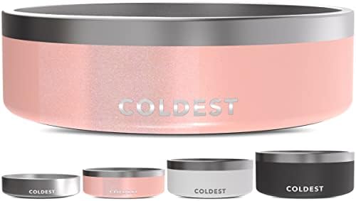 Coldest Dog Bowl - Anti Rust Metal, Non Slip, 3 Layers Insulated Stainless Steel Dog Bowls - Spill Proof & Heavy Duty - Water Bowl for Dogs, Cats & Pets, Dish Washer Safe (42 oz, Forever Pink Glitter) by Coldest