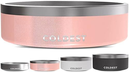 Coldest Dog Bowl - Anti Rust Metal, Non Slip, 3 Layers Insulated Stainless Steel Dog Bowls - Spill Proof & Heavy Duty - Water Bowl for Dogs, Cats & Pets, Dish Washer Safe (42 oz, Forever Pink Glitter) by Coldest