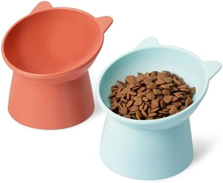 Amazon Basics Raised Cat Feeding Bowls, Cat Ear Shape, Tilted Design, Whisker-Stress Free, 5.2 x 5.2 x 4.5 in, Orange and Blue, 2-Pack by AmazonBasics