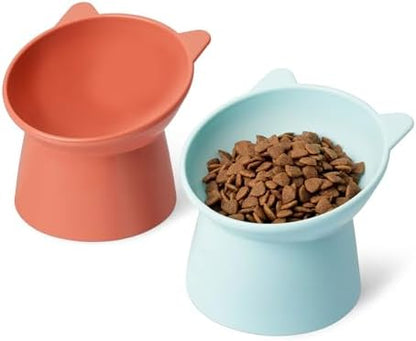 Amazon Basics Raised Cat Feeding Bowls, Cat Ear Shape, Tilted Design, Whisker-Stress Free, 5.2 x 5.2 x 4.5 in, Orange and Blue, 2-Pack by AmazonBasics