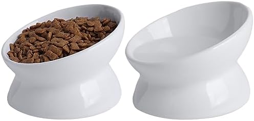 Elevated Ceramic Cat Bowl, 15° Tilted Raised Food & Water Dishes, Anti-Vomiting & Neck Protection Pet Feeder for Kittens, Small Dogs (5.2", White, 2pc Set) by KITCHENLESTARaddsmorebeautifulcolourstoyourlife