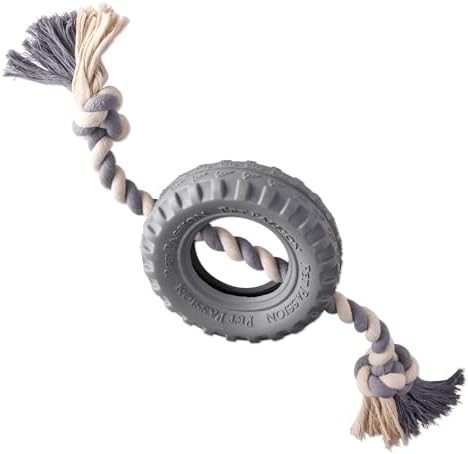 Pet Passion Natural Rubber Tire and Organic Cotton Rope Pull and Chew Dog Toy for All Pet Breeds, Gray, Small by PetPassion