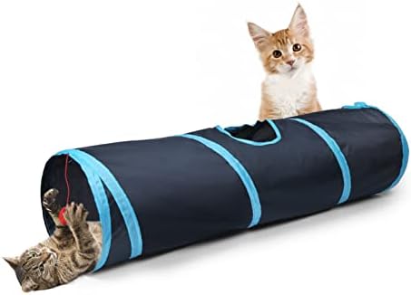 Sheldamy Cat Tunnel, 2-Way Collapsible Play Tunnel, Interactive Toy Maze for Small Animals, Suitable for Kittens, Puppies, Rabbits, Ferrets, Blue & Black by Sheldamy
