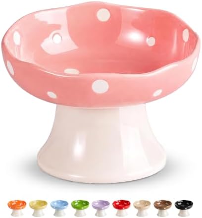 Pink Mushroom Cat Bowl, Elevated Ceramic Feeding Bowl by Trundisan