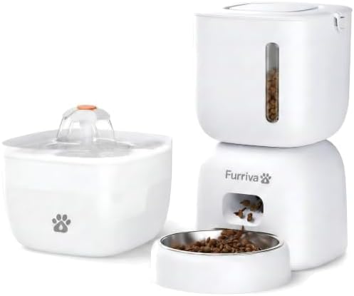 Automatic Cat Feeder and Water Fountain Set, White - 3L Feeder & 2L Fountain, Stainless Steel Bowl, Locking Lid, Plug-in/Battery Powered, 4 Meals/Day, 10s Voice Recorder for Cats and Small Dogs by Unknown