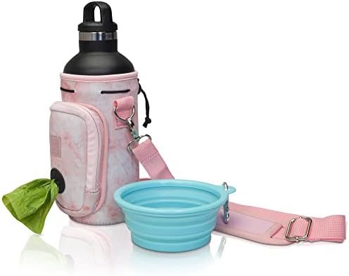 Made Easy Kit Water Bottle Carrier with Pocket for Dog Poop Waste Bags and Adjustable Padded Shoulder Strap (Large (32oz) with Bowl, Pink, Marble) by MadeEasyKit