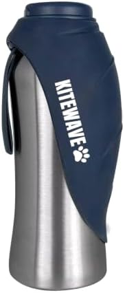 Kitewave Portable Dog Water Bottle, 27 oz Stainless Steel Pet Water Bottle with Flip-Up Leaf Bowl, Leakproof One-Press Dispenser for Walking, Hiking & Travel, BPA-Free, All Dog Breeds (Blue) by Kitewave
