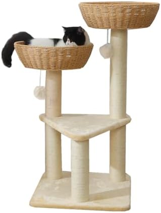 SHENGOCASE Cat Tree Tower with Rattan Wicker Basket, 2 Handwoven Large Nest Baskets Bed, Window Perch for Large Cats up to 20LBS by SHENGOCASE