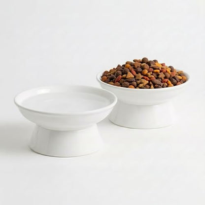 YULL Raised Ceramic Cat Bowls, 6" Wide 2.4" Tall Elevated White Cat Food and Water Dish, Shallow Wide Bowl for Whisker Fatigue Relief (2 Pack) by YULL