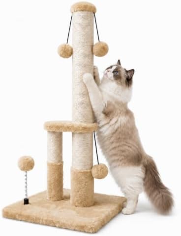 Dimaka Tall Cat Scratching Post, Double Lower Posts Extra Stable Cat Post Tree Scratcher with Sisal Rope and Teasing 4 Balls Total Large Base (Light Brown) by DIMAKA