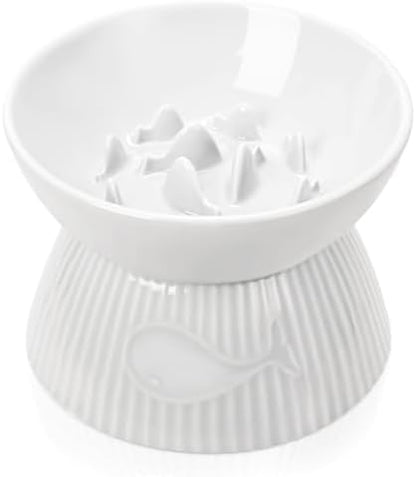 Raised Cat Slow Feeder, Ceramic Slow Feeder Cat Bowl, Upgraded Ridges to Prevent Vomiting and Indigestion, No Spill High Edge for Dry/Wet Food, Heavy and Stable, Easy to Clean Pet Bowls by Kopmath