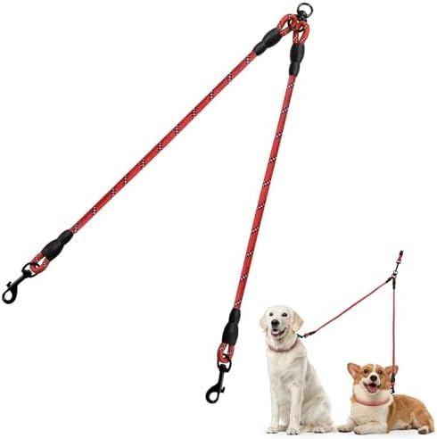 Taglory Double Dog Leash Coupler for Two Dogs, 1/3" Lightweight Dual Leash Extension for Small and Medium Dogs, No Tangle 360° Swivel, Reflective Rope, 30 Inch, Red by Taglory