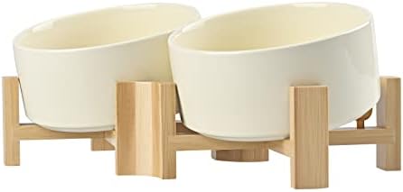 SPUNKYJUNKY 15° Slanted Ceramic Dog and Cat Bowl with Wooden Stand, Tilted Bulldog Food and Water Bowl No Slip Non-Spill for Cats Medium Dogs Big Face Pets 28.7 OZ (3.6 Cups, Beige × 2) by SPUNKYJUNKY