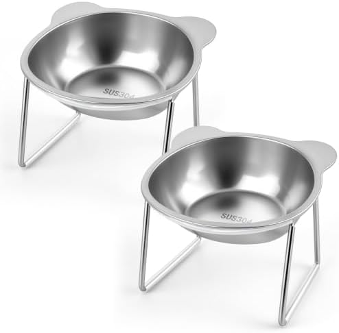 2 Pcs Elevated Cat Bowls with 15° Tilt, Whisker Friendly Raised Cat Food & Water Dishes with Silent Silicone Strip - Anti-Vomiting Small Dog Bowls, 304 Stainless Steel, Spine Friendly, Dishwasher Safe by Qeoval