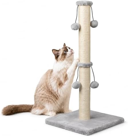 Dimaka 29'' Cat Scratching Post, Natural Sisal Rope Scratcher Post, Kitten Claw Scratch with 4 DanglingToy Balls for Large Cats (Grey) by DIMAKA