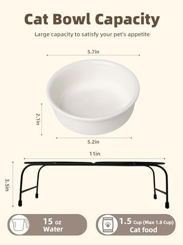 GDCZ Elevated 15 Oz Ceramic Double Cat Bowls with 11x3.5 Inch Stand (White) - Image 2
