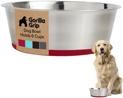 GORILLA GRIP Dog Bowl, Food Grade Stainless Steel Water Bowls, 6 Cup Red by GorillaGrip