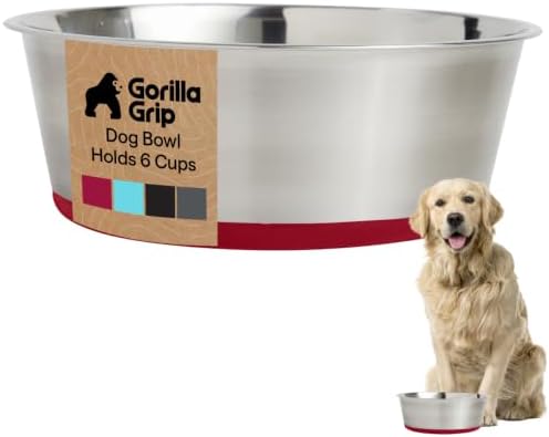GORILLA GRIP Dog Bowl, Food Grade Stainless Steel Water Bowls, 6 Cup Red by GorillaGrip