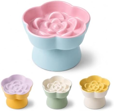 Elevated Ceramic Slow Feeder Cat Bowl, 15° Tilted Feeding Dish Helps Reduce Fast Eating and Vomiting, Whisker-Friendly Heavy Smooth Matte Ceramic, Dishwasher Safe (Blue/Pink) by Unknown