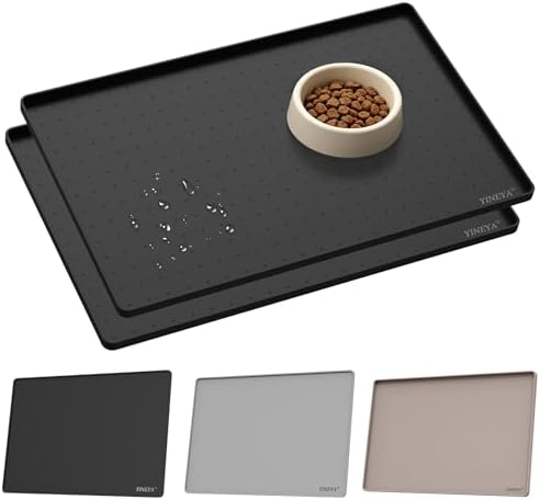 YINEYA 2 Pack Silicone Dog & Cat Food Mat Waterproof 22" x 14", Raised Edge Dog Bowl Mat for Food and Water, BPA-Free Non-Slip Pet Feeding Mats for Floors, Multifunctional Silicone Mat (Black) by YINEYA
