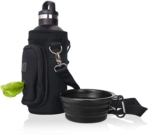 Made Easy Kit Water Bottle Carrier with Pocket for Dog Poop Waste Bags and Adjustable Padded Shoulder Strap (Large (32oz) with Bowl, Black) by MadeEasyKit
