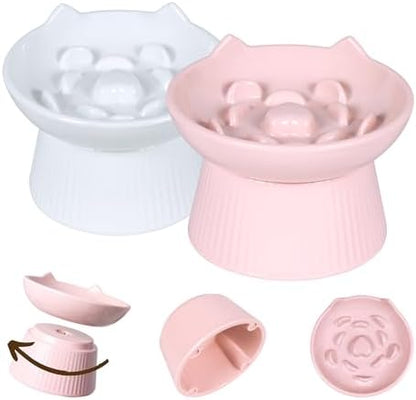 2 Pack Unbreakable Raised Slow Feeder Bowl for Cats and Small Dogs, Elevated Cat Bowls, Detachable Slow Feede Bowl, Heavy Weighted, Non-Slip Feeder, Dry & Wet Food (Pink + White, 6.2'') by FullCharm