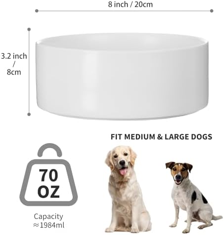 8'' Ceramic Dog Bowl - 70Oz Classic Dogs Food & Water Bowl for Medium and Large Breeds, Heavy-Duty Non-Slip Dog Dish, Food Grade Stoneware Pet Bowl, Dishwasher & Microwave Safe, White - Image 3