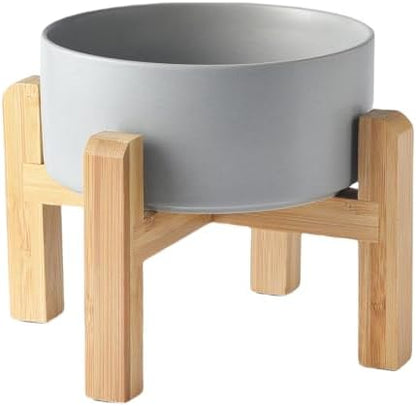 6'' Ceramic Raised Dog Bowl - 30Oz Dog Food & Water Bowl with Elevated Non-Slip Bamboo Stand, Dishwasher & Microwave Safe, Anti Vomiting Heavy Duty Pet Bowl for Small and Medium Dogs, Grey by Welloyed