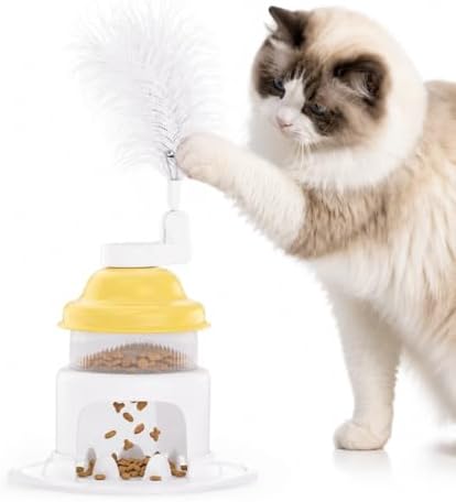 Cat Slow Feeder Toy with Feather Teaser, Interactive Puzzle Feeder for Cats, Mental Stimulation Foraging Toy, Suitable for Dry & Wet Food(Yellow) by Unknown