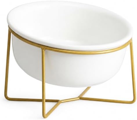 White Large Ceramic Tilted Elevated Cat Dog Bowl Raised Cat Food Water Bowl Dish Pet Comfort Feeding Bowls with Gold Iron Stand by HCHLQLZ