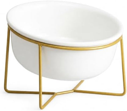 White Large Ceramic Tilted Elevated Cat Dog Bowl Raised Cat Food Water Bowl Dish Pet Comfort Feeding Bowls with Gold Iron Stand by HCHLQLZ