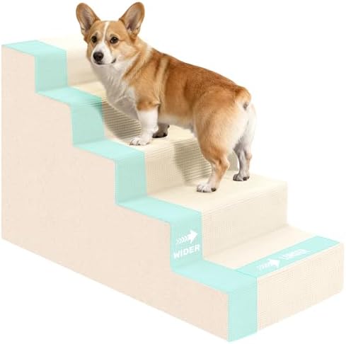 Dog Stairs for Bed, Extra Wide 5-Step Dog Steps for High Bed, High-Density Foam Pet Stairs with Non-Slip Removable Washable Cover for Small Pets, 23" H, Beige by Heeyoo