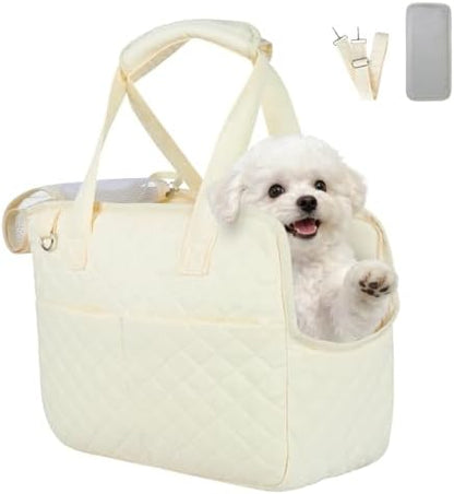 YooxArmor Dog Purse Carrier for Small Dogs & Cats, Foldable Soft Tote for 5-14lbs Pets, Large Pockets, Safety Leash & Removable Mat for Walking Shopping Outdoor, White by YooxArmor