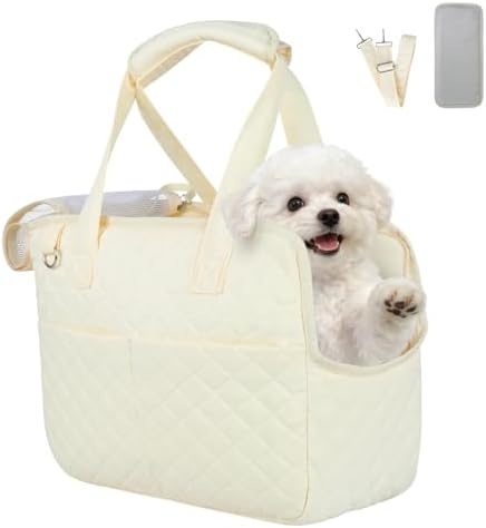 YooxArmor Dog Purse Carrier for Small Dogs & Cats, Foldable Soft Tote for 5-14lbs Pets, Large Pockets, Safety Leash & Removable Mat for Walking Shopping Outdoor, White by YooxArmor