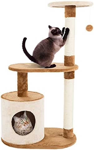 PETMAKER Cat Tree Condo 3 Tier with Condo and Scratching Posts, 37.5", Brown and Tan by PETMAKER