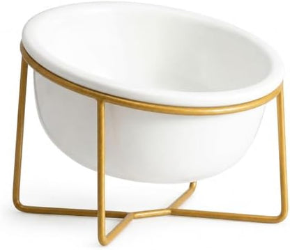 White Small Ceramic Tilted Elevated Cat Dog Bowl Raised Cat Food Water Bowl Dish Pet Comfort Feeding Bowls with Gold Iron Stand by HCHLQLZ