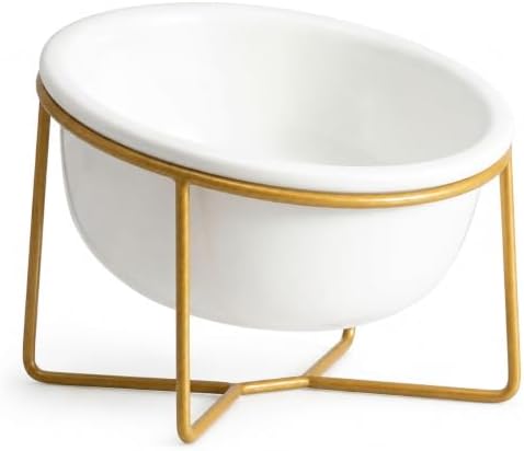 White Small Ceramic Tilted Elevated Cat Dog Bowl Raised Cat Food Water Bowl Dish Pet Comfort Feeding Bowls with Gold Iron Stand by HCHLQLZ