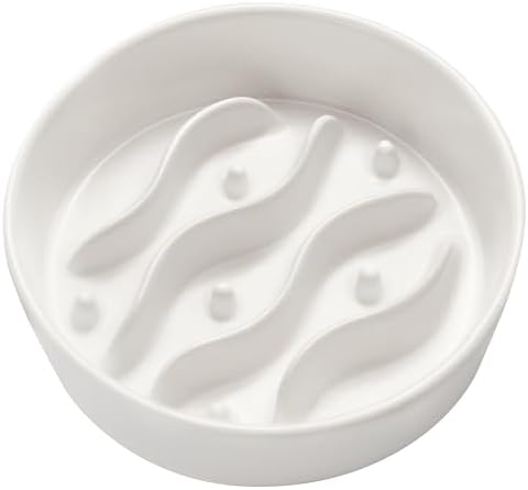 Ceramic Slow Feeder Dog Bowls for Small Dogs, 0.6 Cup Dog Slow Feeder for Fast Eater, Puzzle Maze Bowl, 14oz, 6in, White by MOPANG