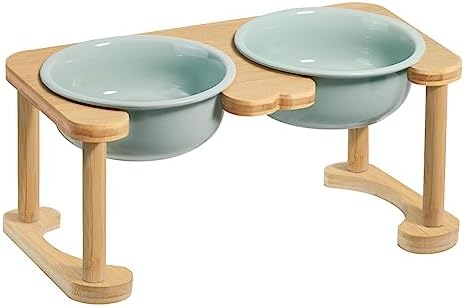 Raised Ceramic Dog Bowl, Elevated Food and Water Feeding Set, Light Green by Wordcam